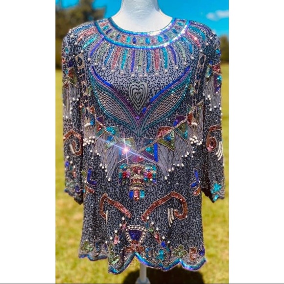 Vintage Kraftsmen Tops - Vintage Beaded Bling Sequin Silk Fertlity Top